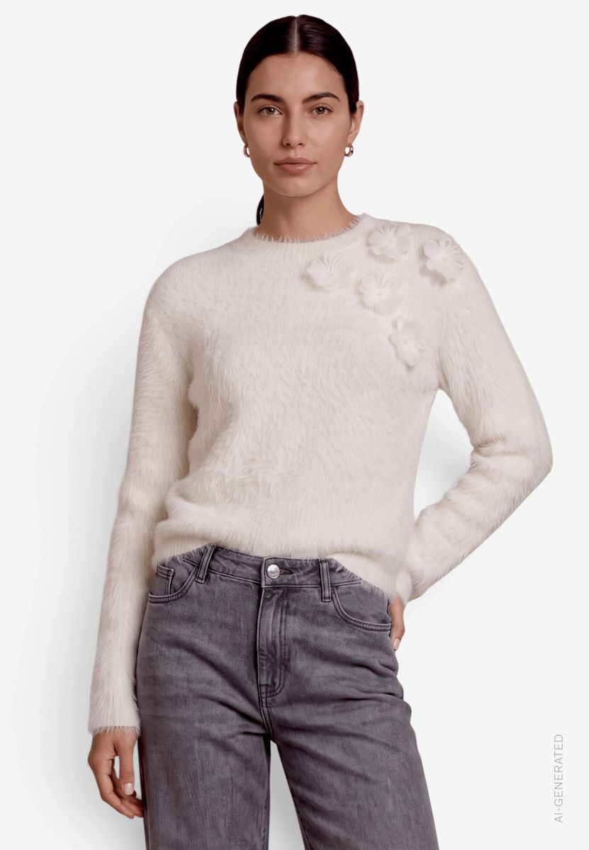 Damen Flauschiger Pullover  mit 3D Blumen