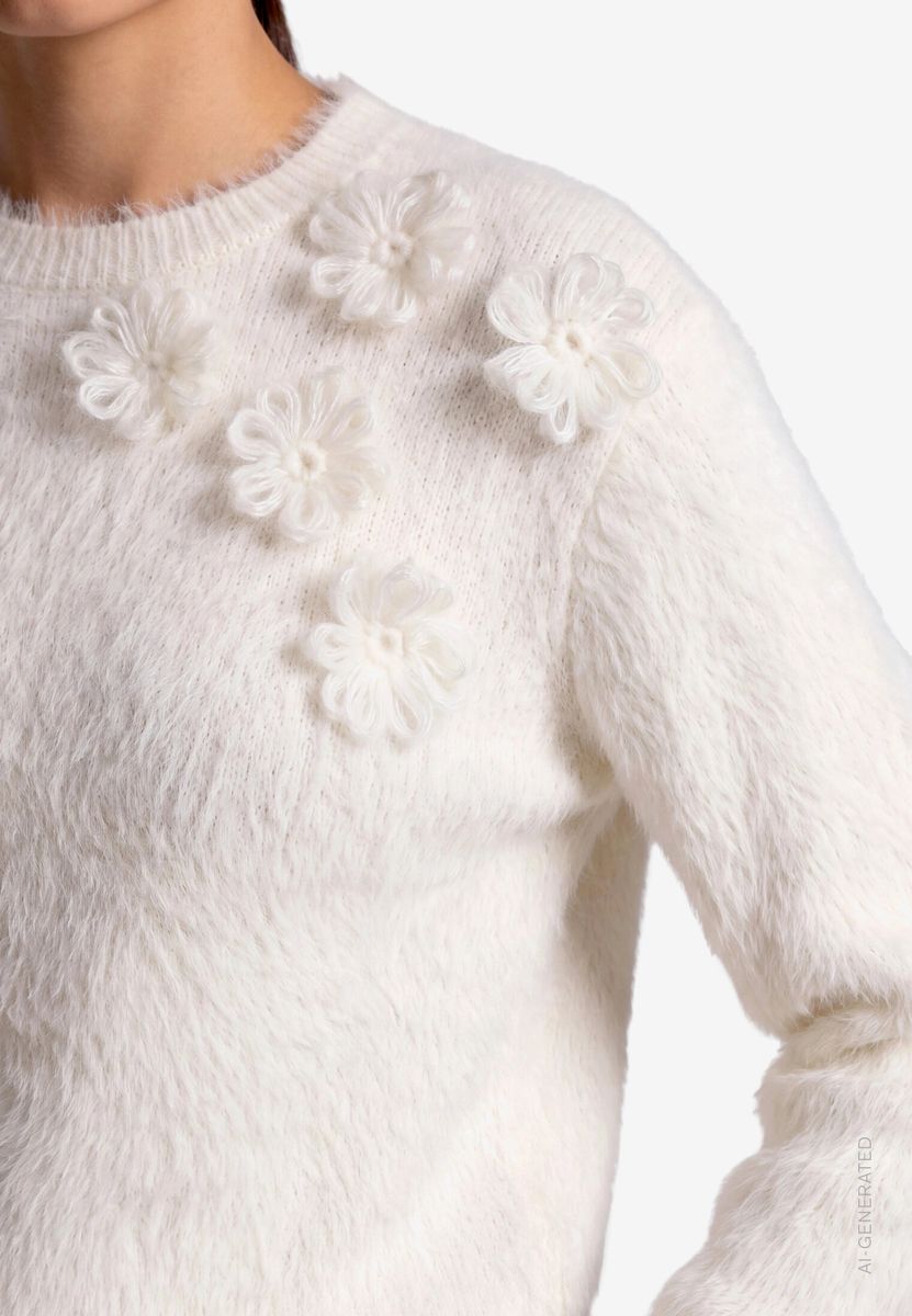 Damen Flauschiger Pullover  mit 3D Blumen